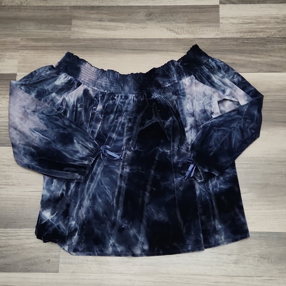 American Eagle Outfitters Navy Blue Tie Dye Velvet Off Shoulder Top Size Small - Picture 5 of 6